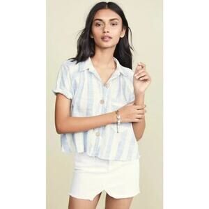 Free People Away At Sea Striped Cotton & Linen Raw Hem Button Down Blouse